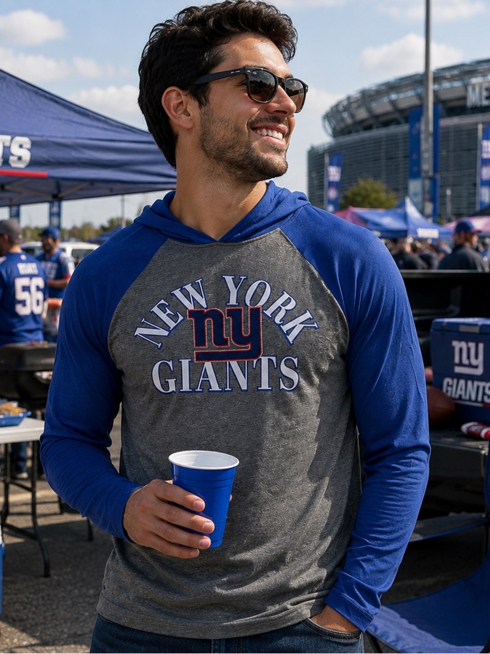 New York Giants NFL Team Apparel Hooded Long Sleeve Shirt Gray Blue Men’s S NWT